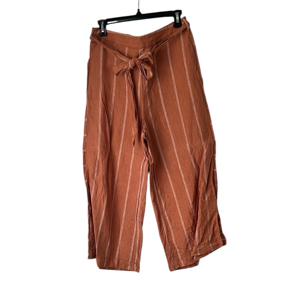 Anthropologie Portia Linen Wide Leg Stripe Pants Belted Burnt Orange - Picture 2 of 5